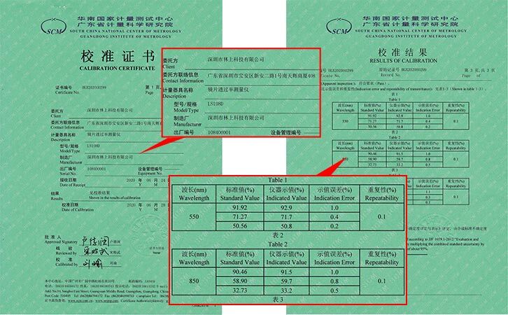 鏡片透過(guò)率測(cè)量?jī)x校準(zhǔn)證書(shū)